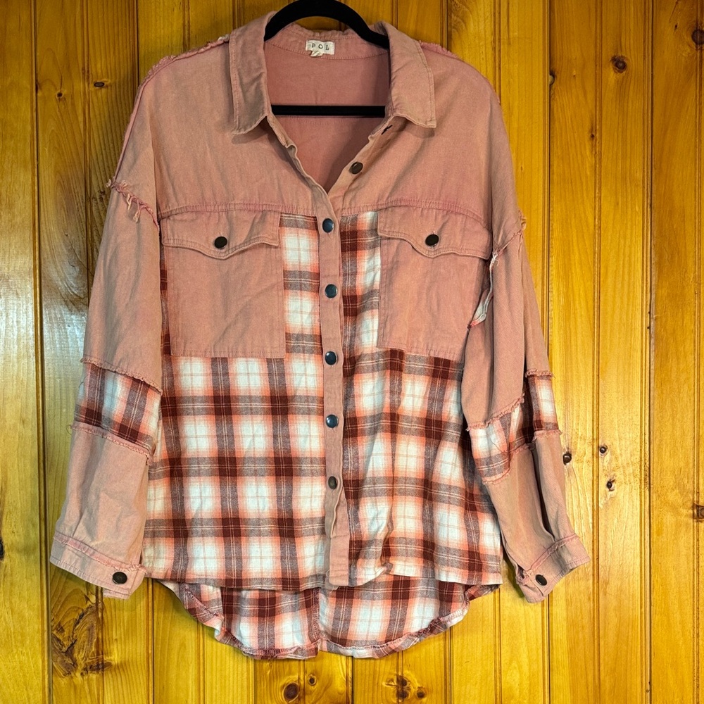 POL Pink and Red Patchwork Button Down Shirt/Shac… - image 1